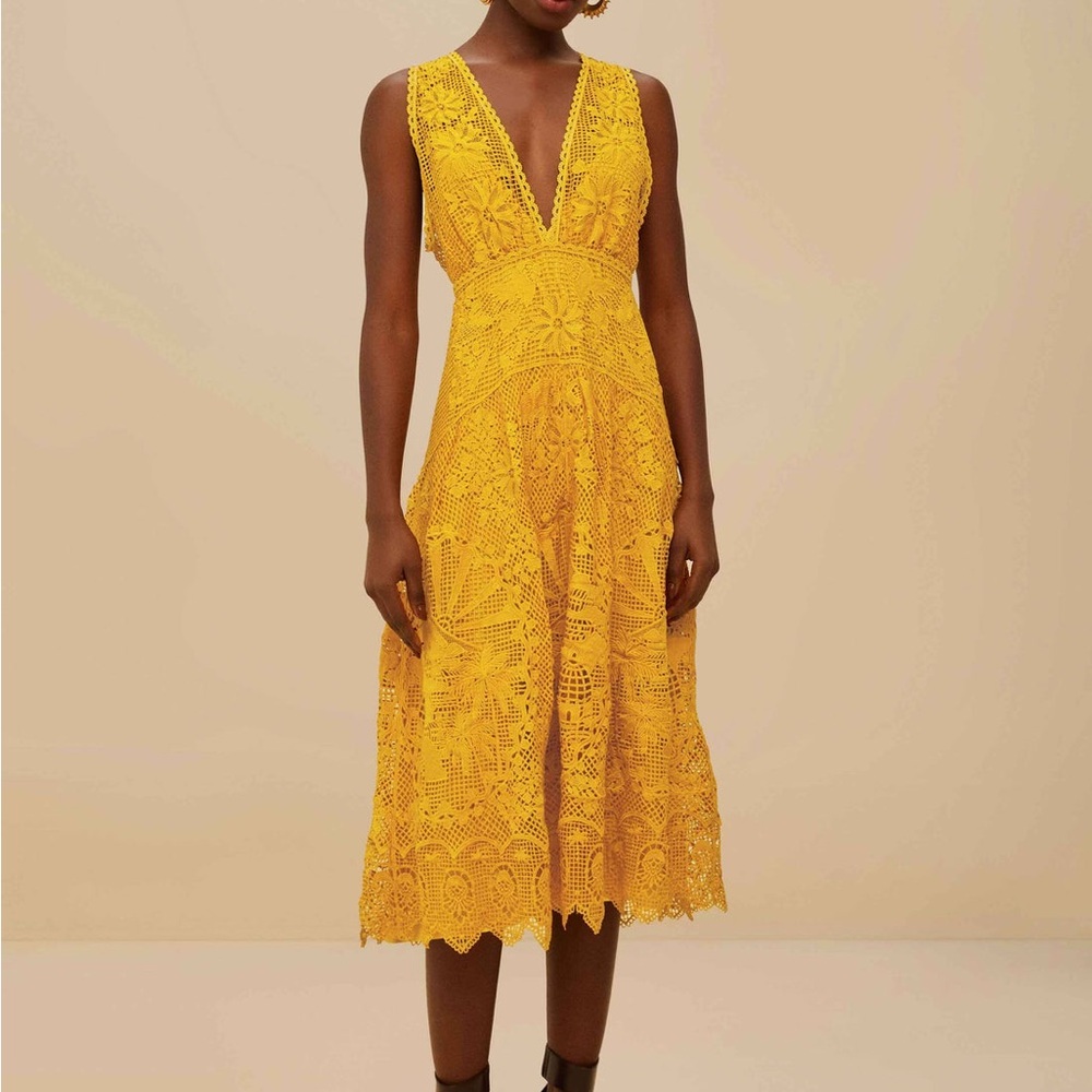 NWOT! Farm Rio Landscape Guipure Mustard Yellow Midi Dress